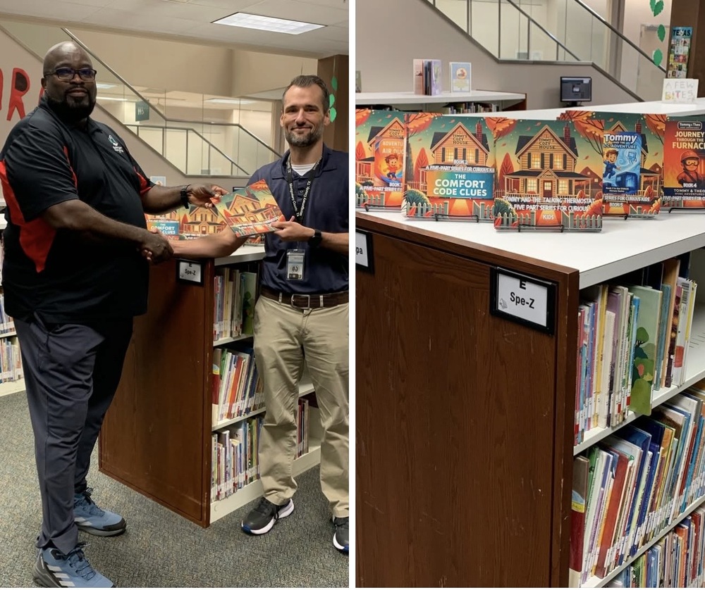 Oneil Fuller of Support HVACR Trade Inc. donating Tommy & Theo HVACR STEM books to the Montgomery County Memorial Library